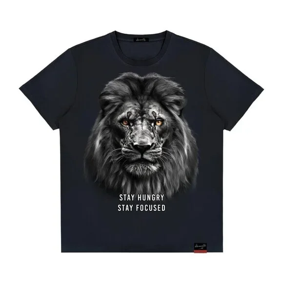 Stay Hungry Black Short Sleeve Tee with Lion Graphic - Picture 1 of 5
